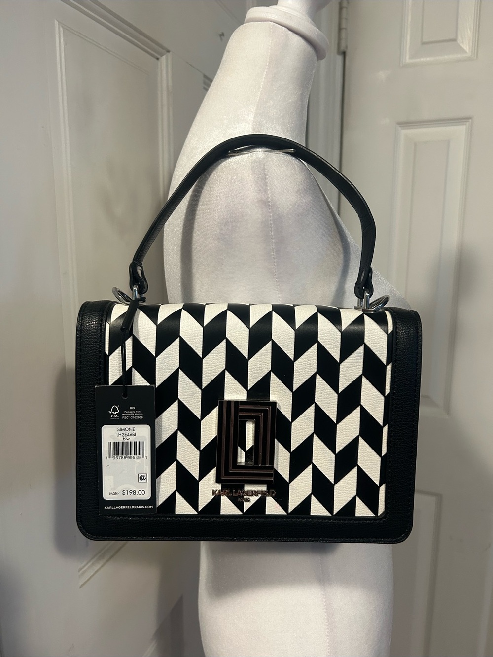 NWT KARL LAGERFELD Simone Black & White Geometric Top-Handle Bag